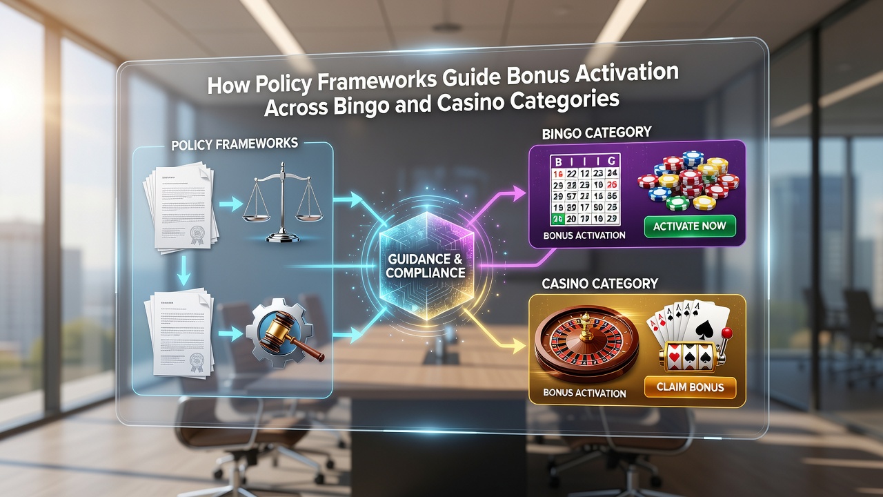 Split screen showing bingo cards alongside casino slot machines with overlaid policy icons